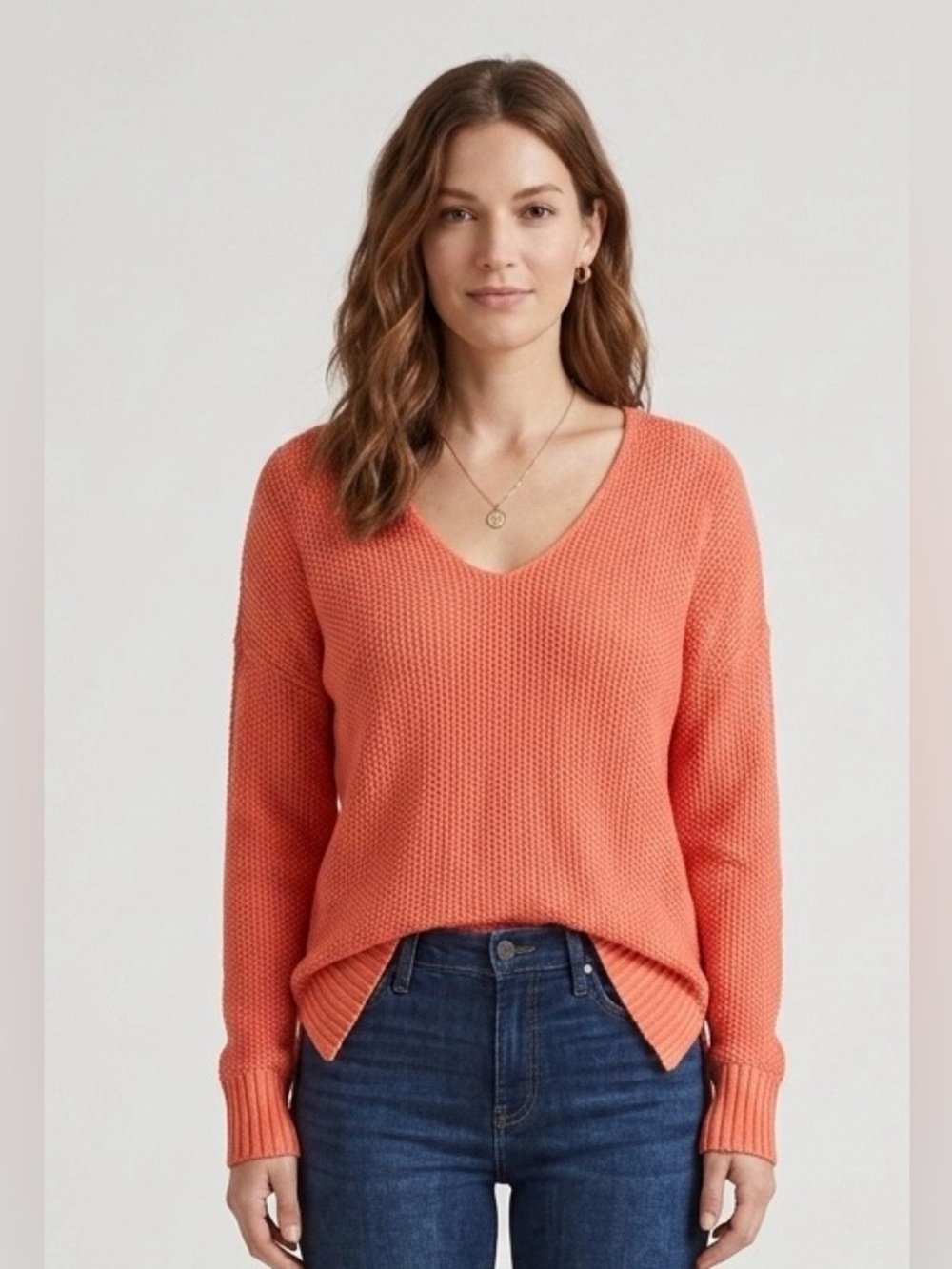 Lucky  Minimalist Sweater Top M Pullover V Neck Long Sleeve Salmon‎ Y2K Capsule